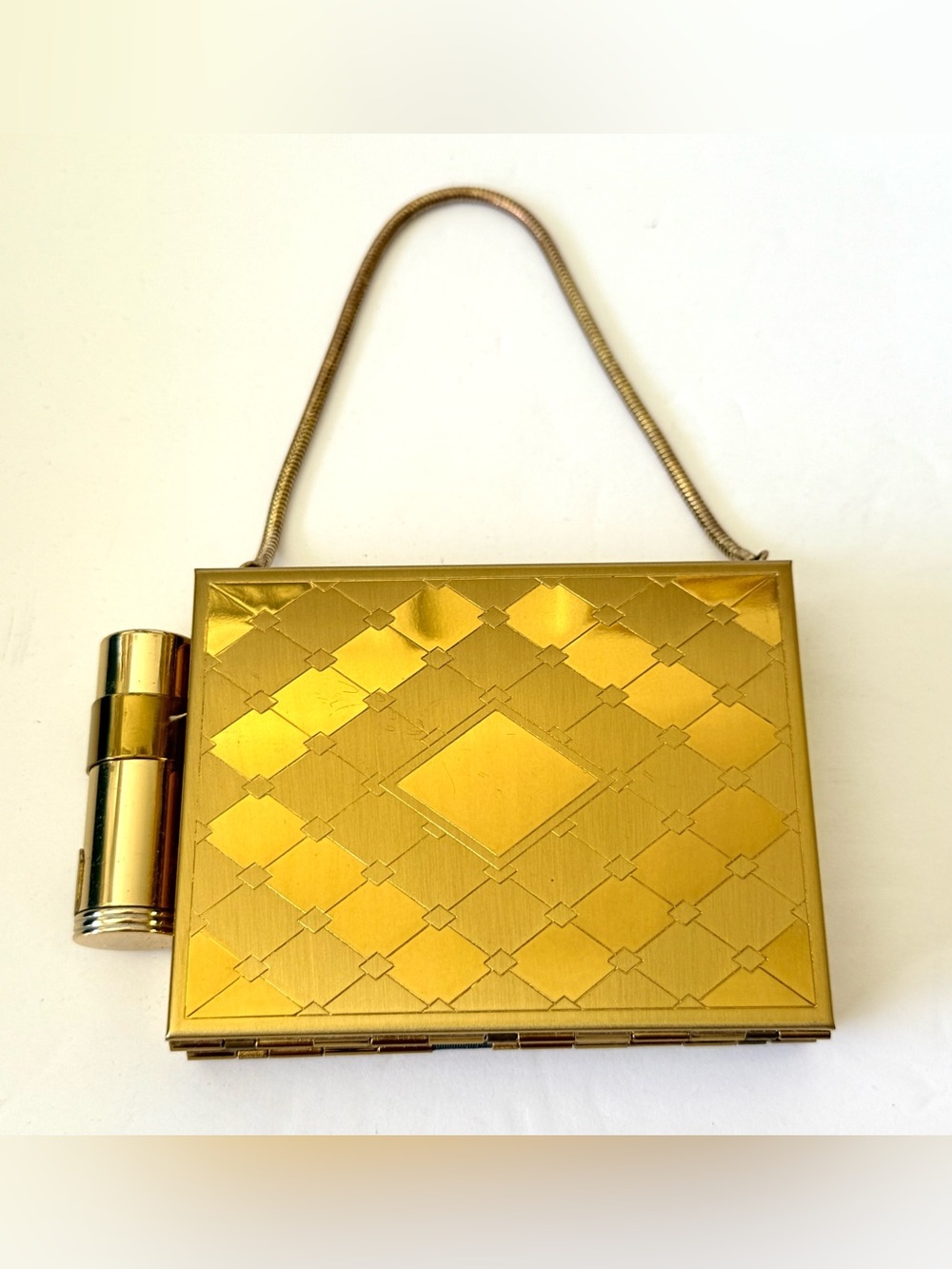 Vintage 1950s Gold Compact Case w Lipstick Mirror & Chain Purse Cigarette Case